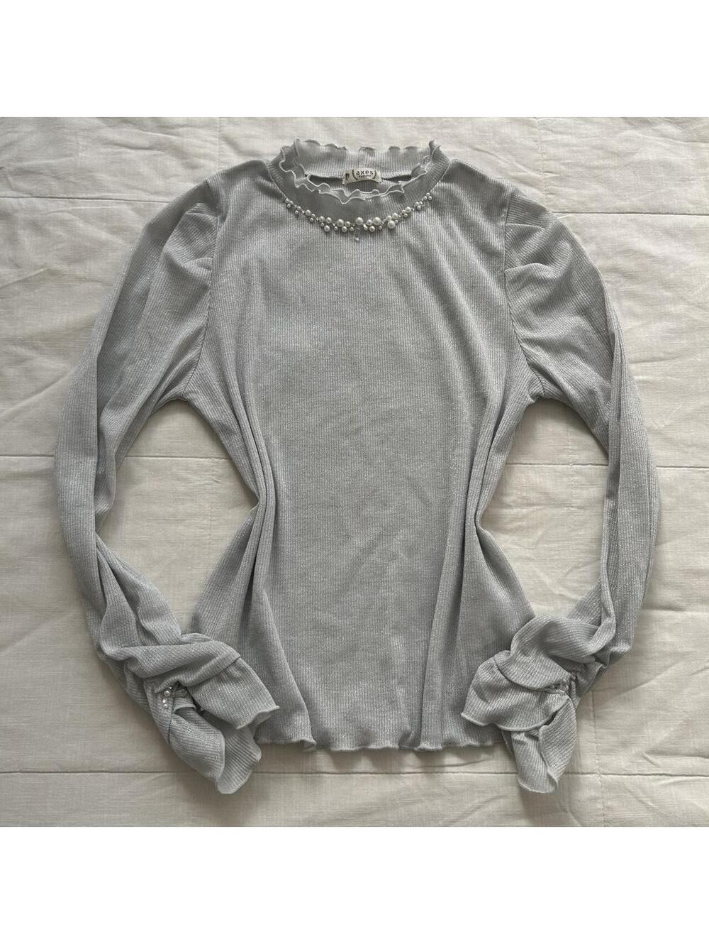 Axes Femme Baby Blue Pearl Beaded Ribbed Long Sleeve Top M Japan